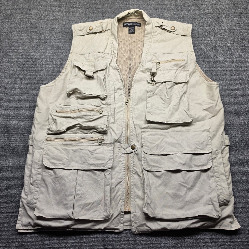VTG J Peterman Company Mens XL Khaki Cotton Safari Utility Photography Vest 5841
